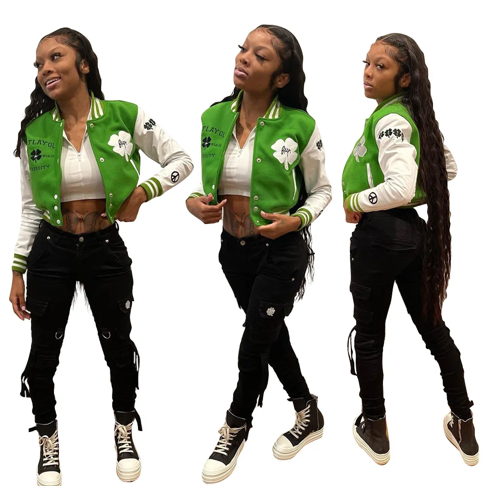 

Women's Stand-Up Collar Jacket Fashion Embroidery Pattern Baseball Uniform Ladies Casual Sports Coat Hot Sale Female Top