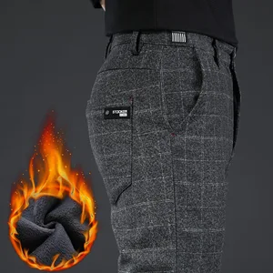 ICPANS клетчатые флисовые теплые мужские формальные зимние брюки вельветовые деловые брюки мужские хлопковые тонкие эластичные брюки для мужчин