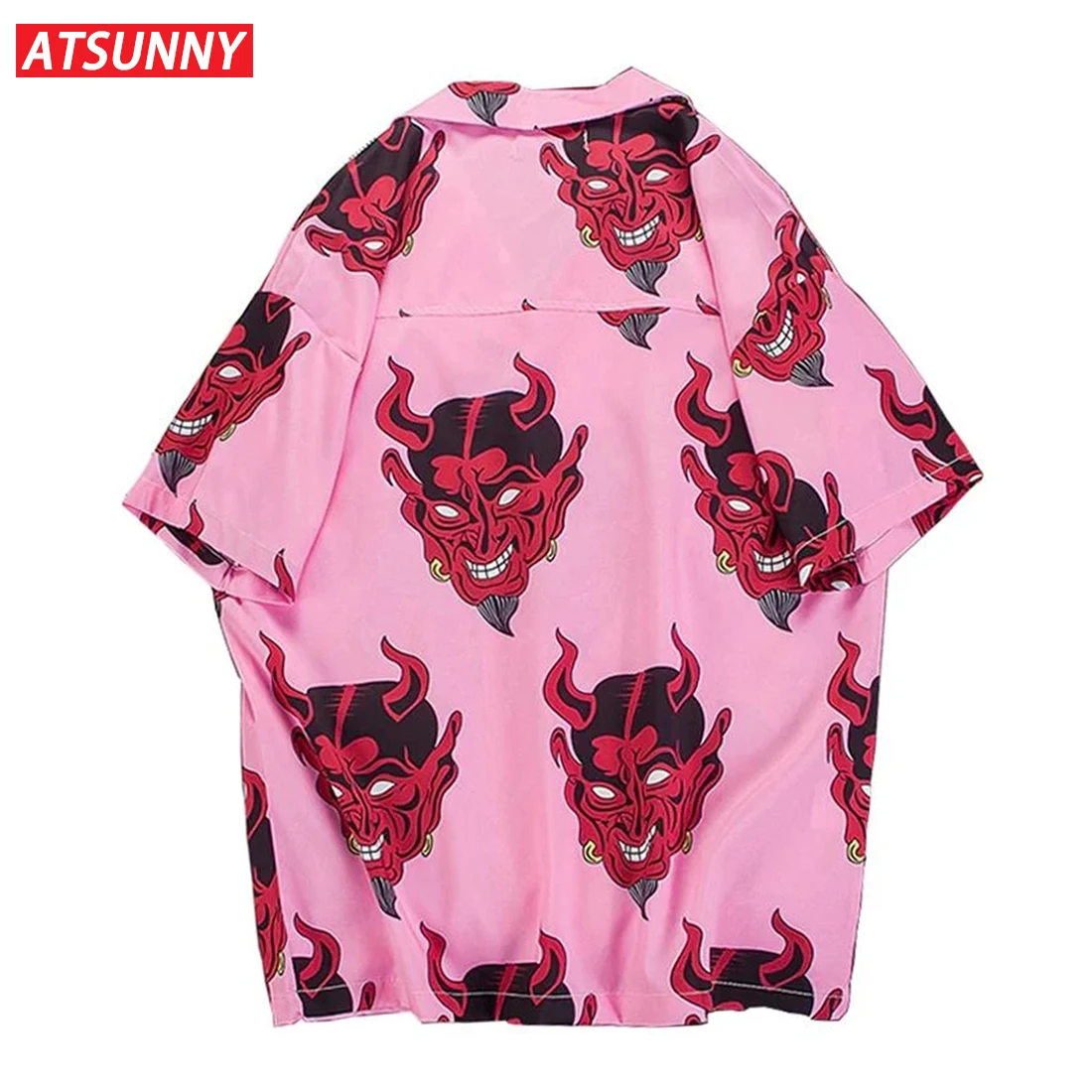 ATSUNNY Demon Print Short Sleeve Shirt HipHop Streetwear Casual Shirt Man Summer Fashion Hawaiian Shirts Tops