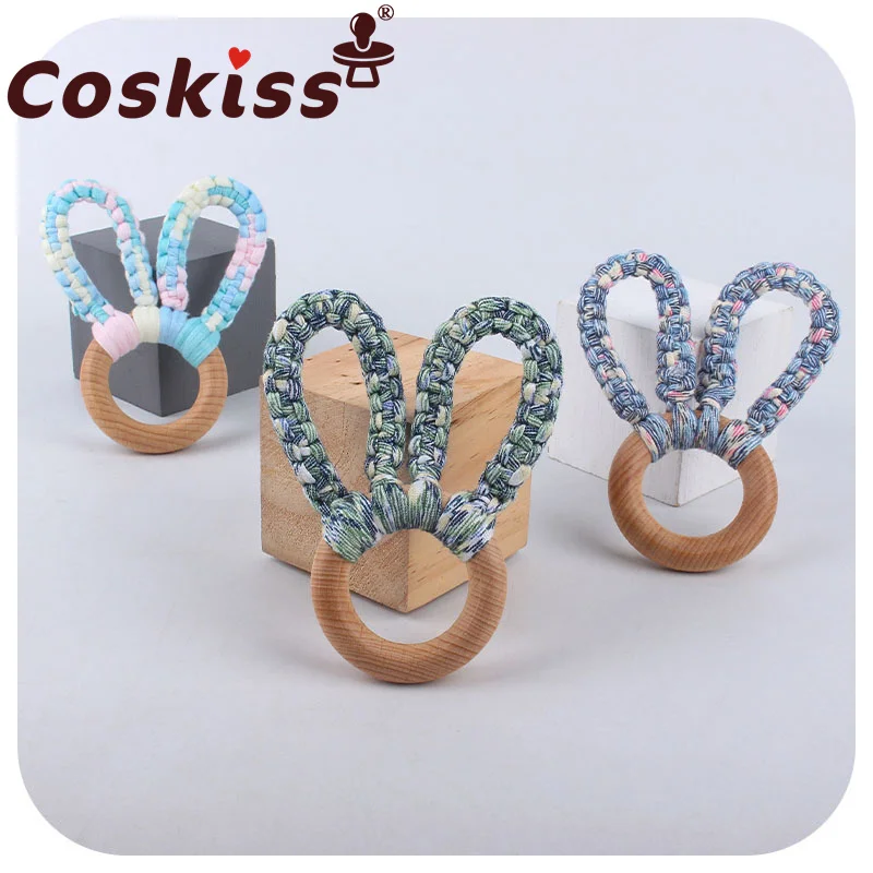 

Coskiss 1pcs Baby Wooden Pacifier Clip Chain Handmade Cotton Dummy Nipple Clips Holder Leash Strap Knitting Bunny Ears Teether