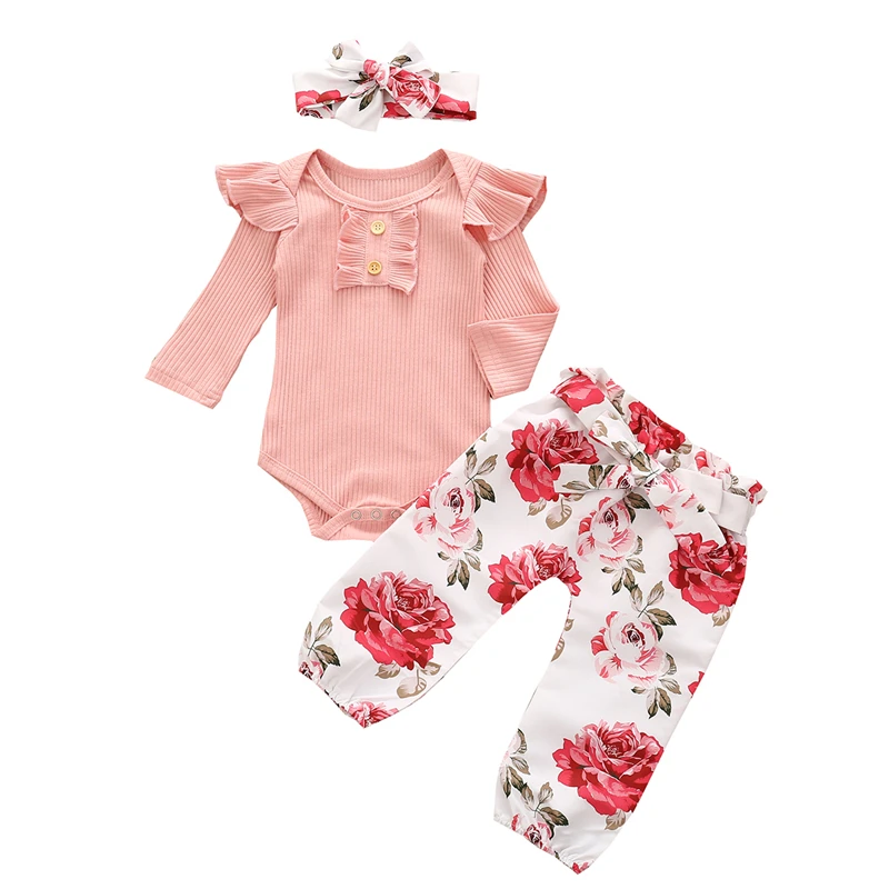 

0-24M Newborn Outfit Girl Long Sleeve Romper T-Shirts+Baby Girls Floral Print Pants+Newborn Headband Kids 3-piece Set