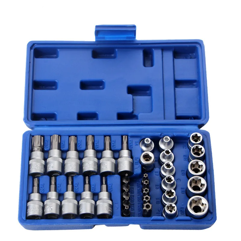 

34pcs Torx Star Socket Set & Bit Male Female E Sockets with Torx Tool Ki,External Torque Star Socket Set Motor Repairing Tool