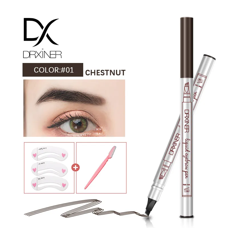 CHESTNUT Drxiner, 4 головки, маркер для бровей, карандаш, водонепроницаемый, микроблейдинг, для бровей, тонкая татуировка, ручка, тени для бровей, макияж, карандаш для бровей - Цвет: CHESTNUT