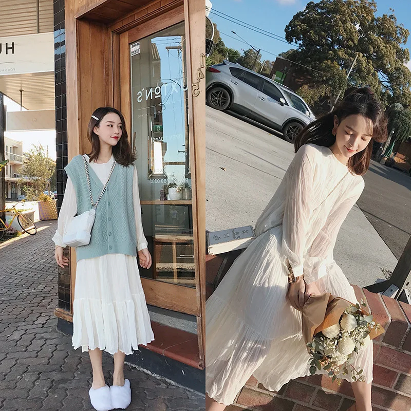 Осеннее женское белое длинное платье и свитер Топ комплект Туника Макси вечернее