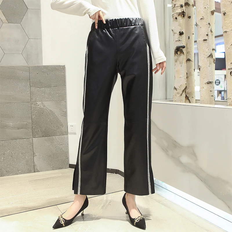 

Leather Flare Genuine Pants Women Autumn New Elegant Slim Office Ankle-Length Pants Street Diamonds Elastic Waist Loose Pants