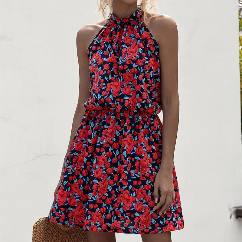 Новое Женское мини платье высокая талия с рисунком без рукавов летнее женское в