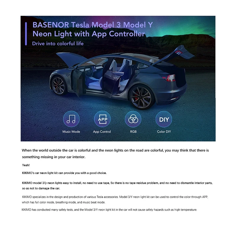 

for Tesla Model 3 Model Y Neon Light Tubes RGB Interior LED Strip Lights with App Controller