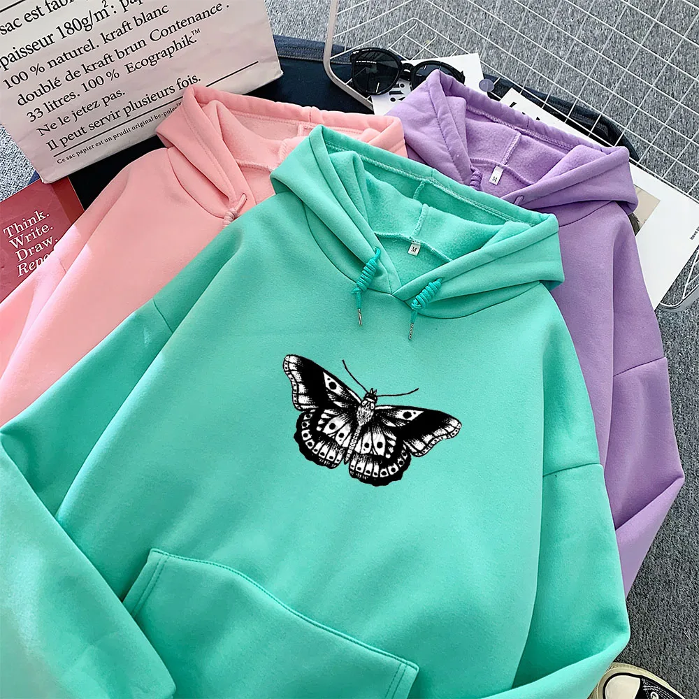 Women Punk Butterfly Printed Sweatshirt Womens Kangaroo Pocket 90's Clothing Style Vintage Winter Sweetshirt Dark Gothic Hoodies