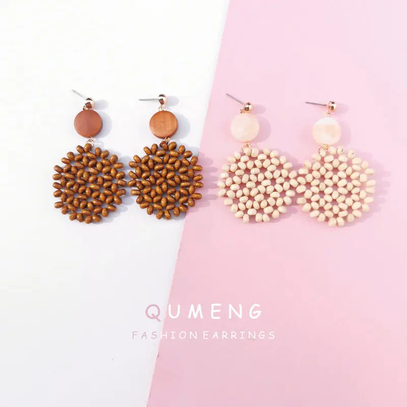 

QUMENG 2020 korean woman earrings handmade wood earring vintage Hollow out National style fashion Exaggerated geometry jewelry