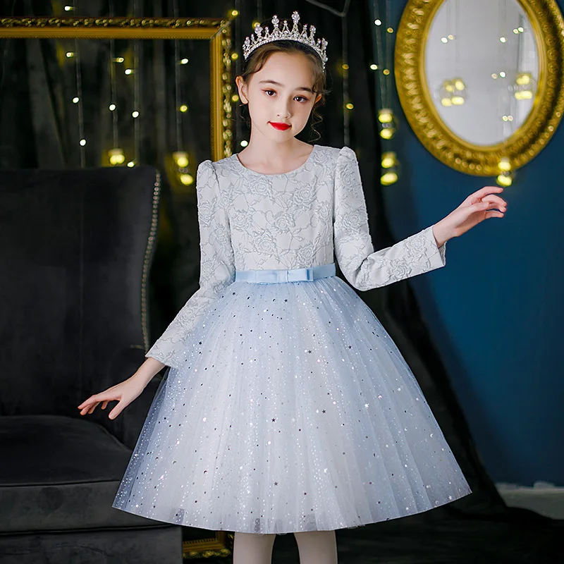 

Dress For Girl For Spring & Autumn 2022 New O-Neck Long Sleeve Knee-Length Embroidery Patchwork Mesh Princess Ball Gown