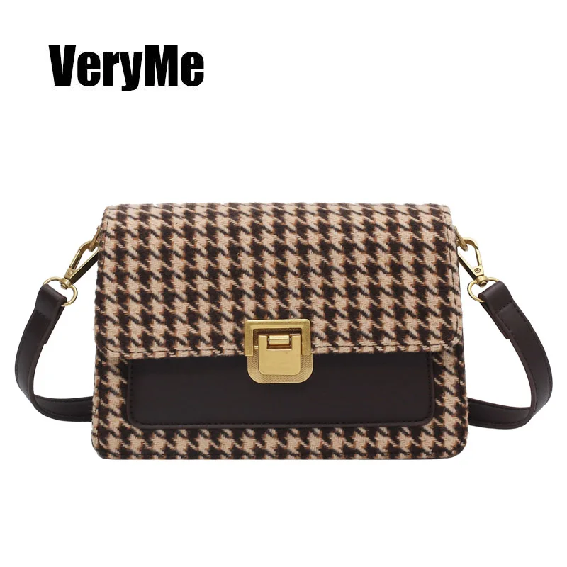 

VeryMe Leather Woolen Plaid Shoulder Women's Bag High Quality Female Brand Messenger Pack Lady Purses and Handbag Borse Da Donna