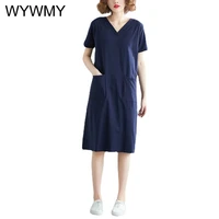 wywmy t shirt dress for women summer 2021 new casual short sleeve v neck cotton linen loose dress vintage solid pockets dress