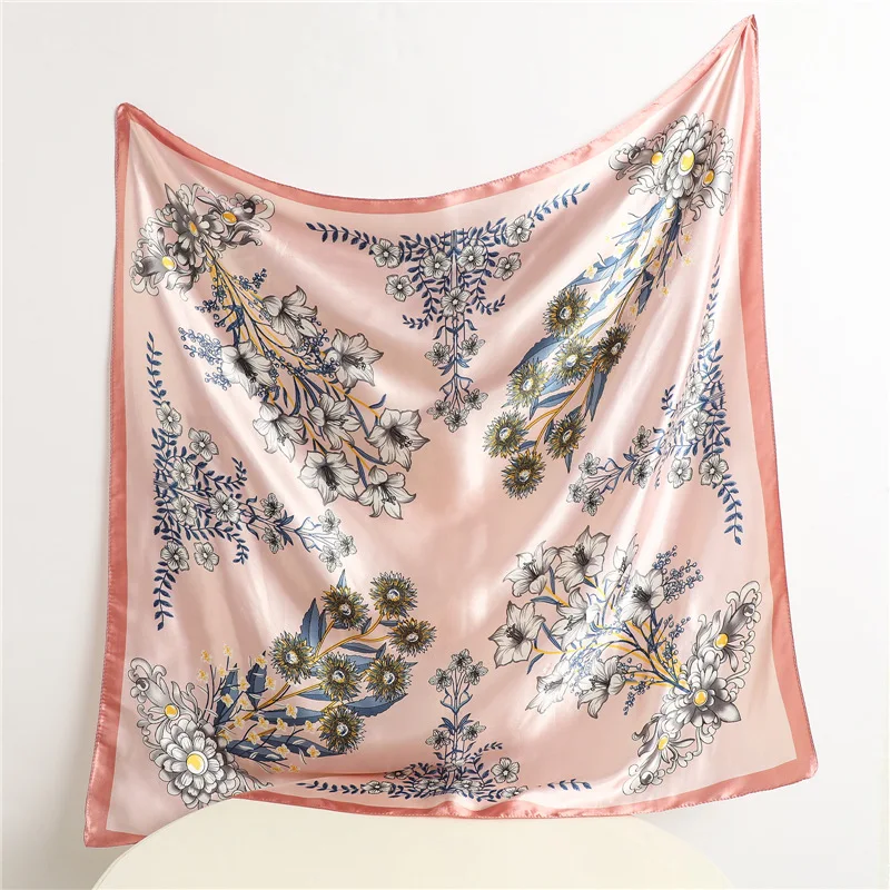 

2021 Summer Print Satin Square Scarf For Women Neckerchief Female Silk Shawl Foulard Hijab Headband Wraps Hair Bands Bandana