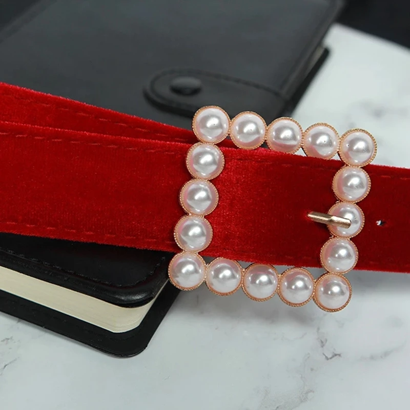 Модный трендовый красный бархатный жемчужный женский ремень с жемчужной пряжкой