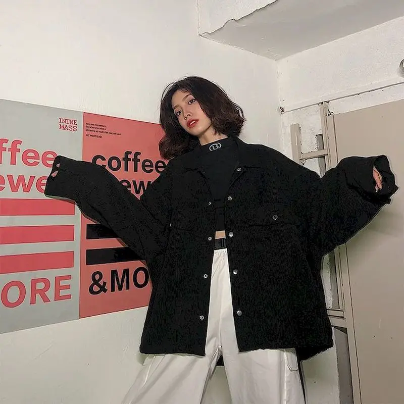 

2021 Autumn New Coat Female Student Korean Version Loose Corduroy Loose Hong Kong Drawstring Tooling Top Retro Clothes Oversized
