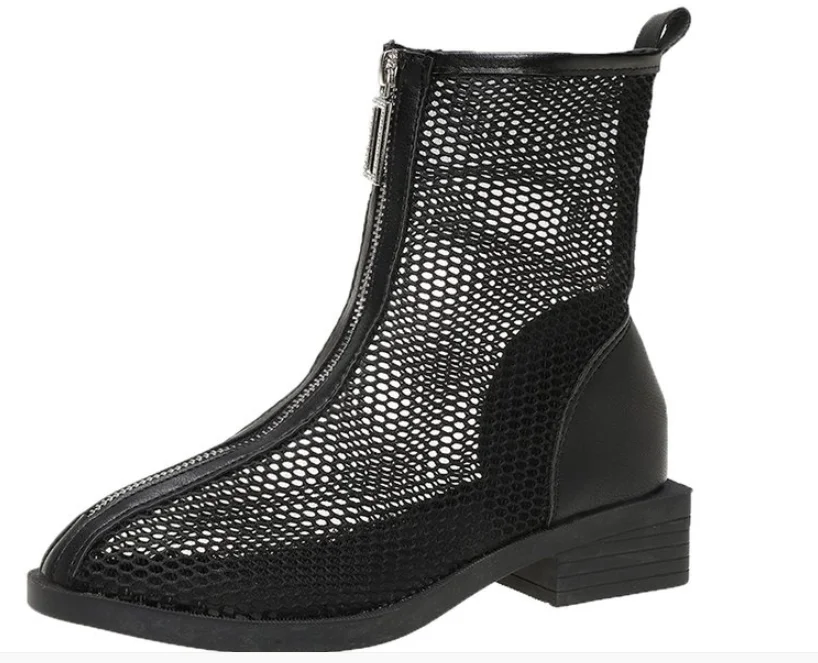 

2021 Summer Fashion Round Head Hollow Mesh ANKLE BOOTS SANDALS Sexy Thick Heel Women's Platform Front Zipper Shoes Women