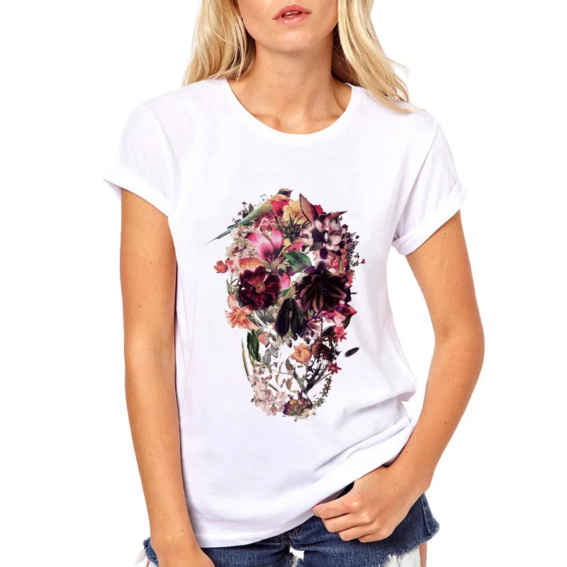 

Summer White Causal Tee Shirt Femme for Girl Noble T Shirt Women Tshirt Voodoo Skull Flower Camiseta Mujer T-shirt est