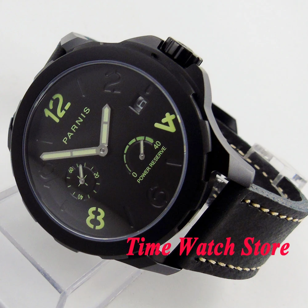 

Автоматические Мужские часы Parnis ST2530, 44 мм, pvd чехол, резервный дисплей, сапфировое стекло, светящиеся стрелки, черный