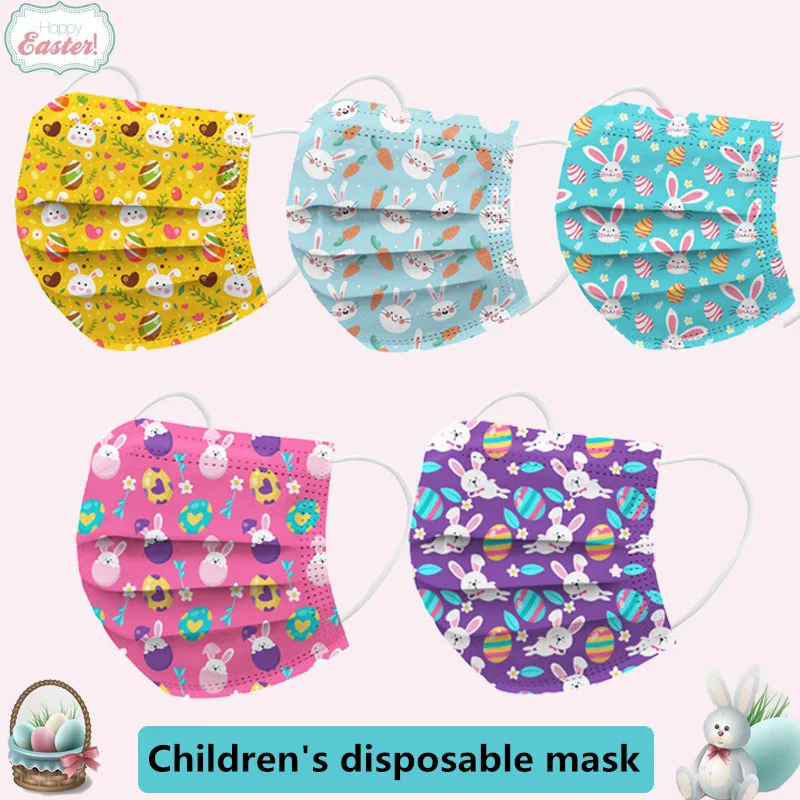 

50pcs Children's Disposable Face Mask Easter Cartoon Bunny Print Mask Three-layer Meltblown Breathable Comfortable Mouth Mask