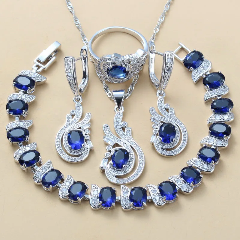 Серебряный цвет высокое качество натуральный камень CZ синий Ювелирные наборы