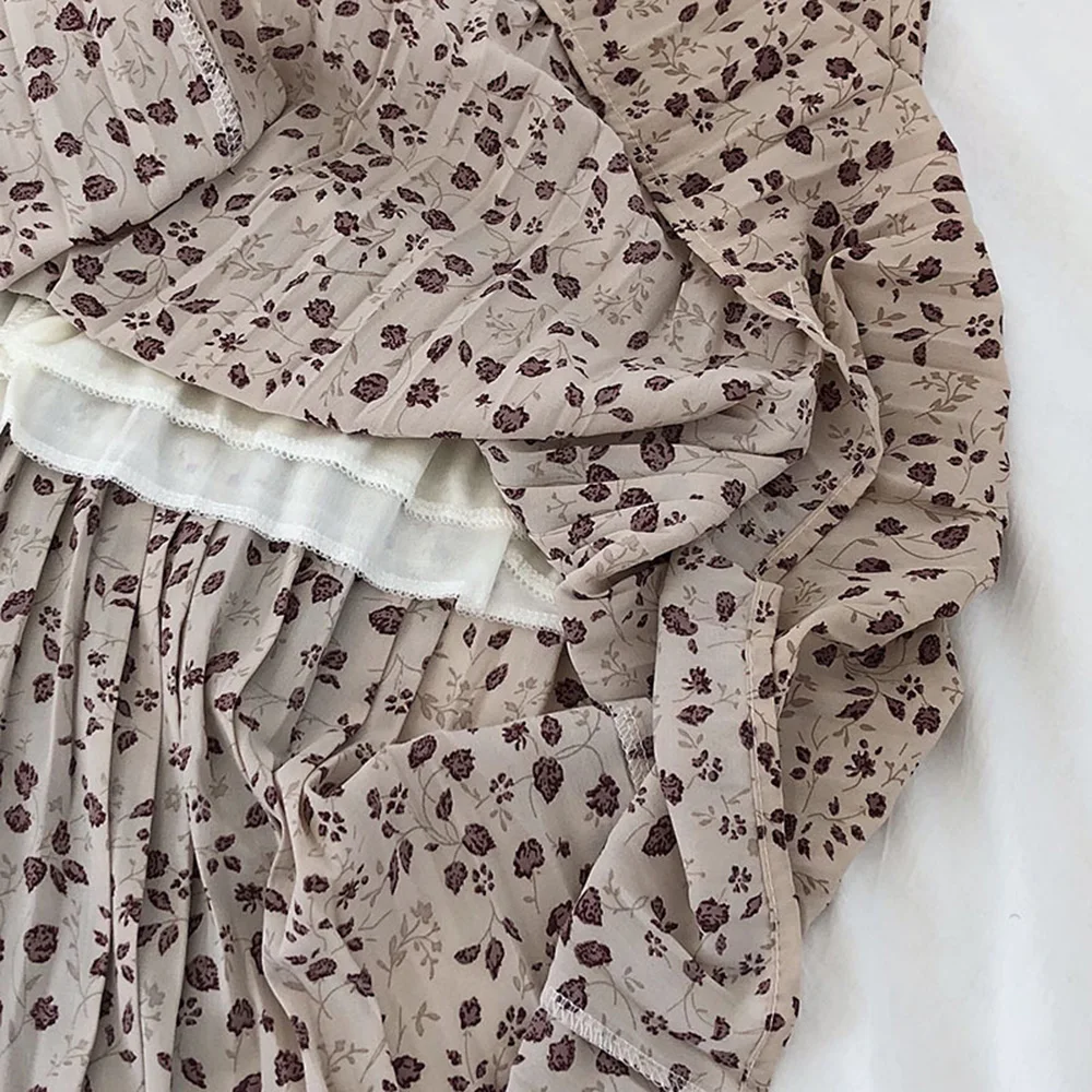 

2021 Spring Summer New Fashion Sweet Skirts Print Pleated Mid-Length Skirt Casual Vintage A-Line High-Waisted Skirt Women