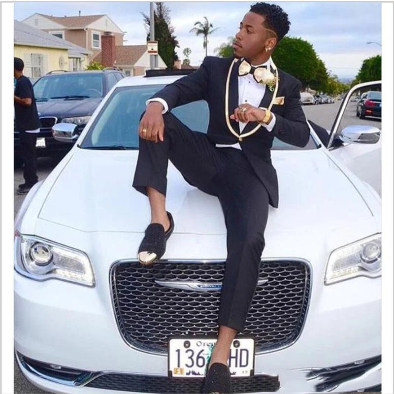 Мужские костюмы на одной пуговице темно-синяя одежда для жениха с золотой шалью и