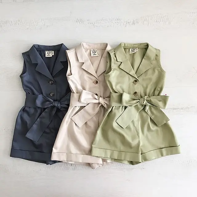 

Summer Sleeveless Solid Color Shirt Rompers Fashion Baby Kid Girls Clothes Turn Down Neck Bowknot Waistbelt Button Cute Jumpsuit