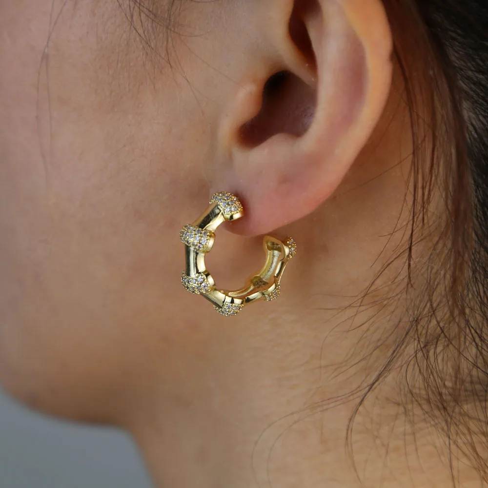 Micro paved cz gold color bamboo shape small Hoop Earrings for Women girl charm Geometric Round circle fashion jewelry |