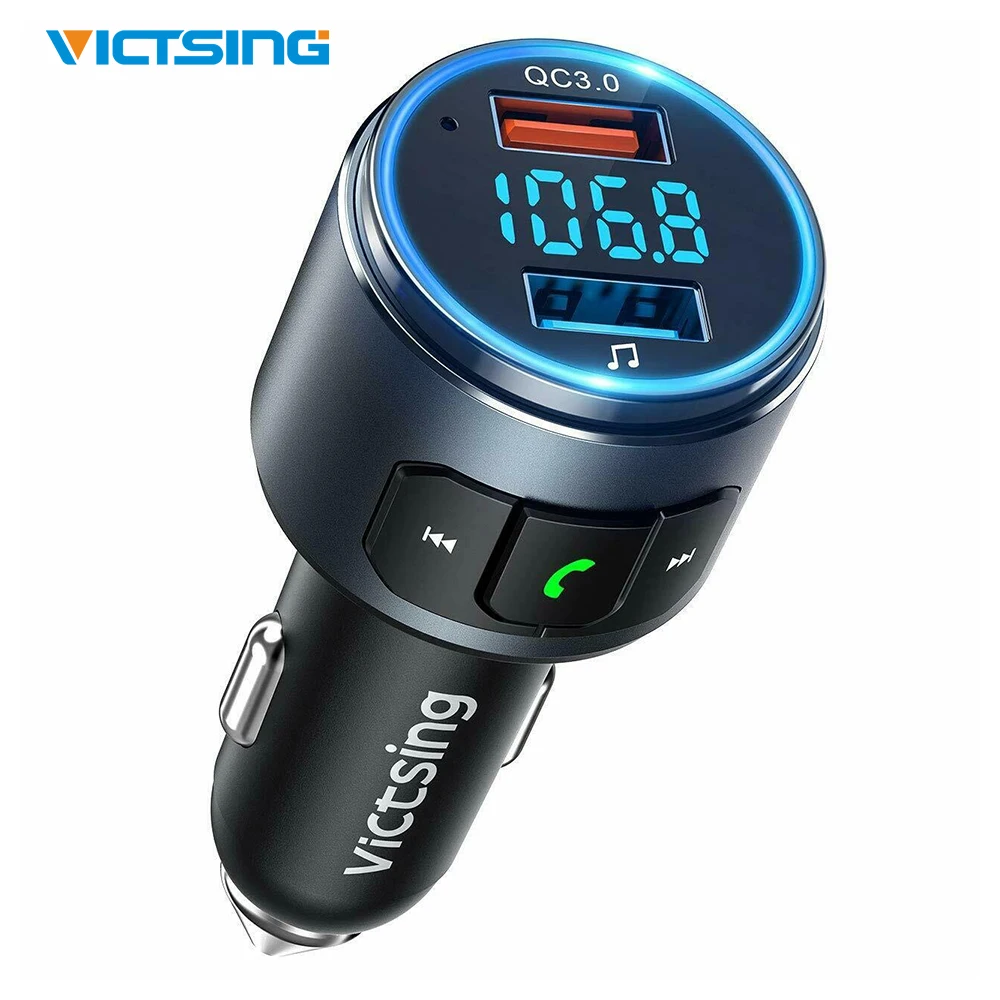 

VicTsing Upgraded V5.0 Bluetooth FM Transmitter Radio Adapter Car Handsfree Call QC3.0 Fast Charger & 2 USB Ports FM Transmitter