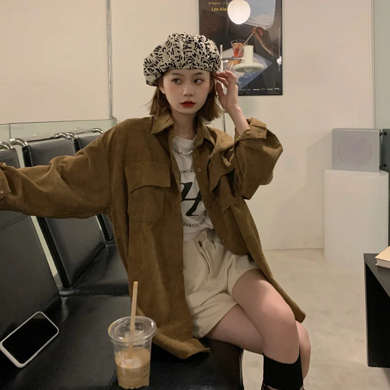 Женская Вельветовая рубашка в стиле ретро свободная средней длины | одежда