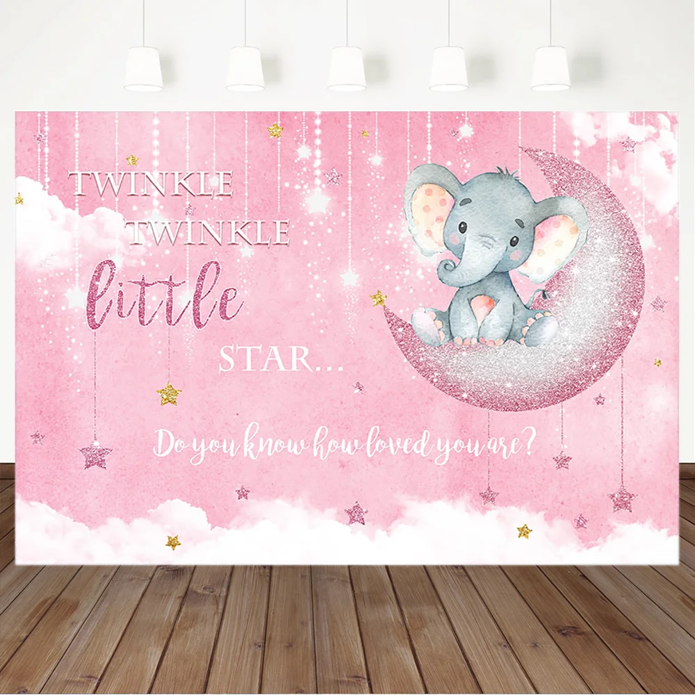 Elephant Baby Shower Backdrop Pink Moon Twinkling Stars Photography Background Party Decoration Banner | Электроника
