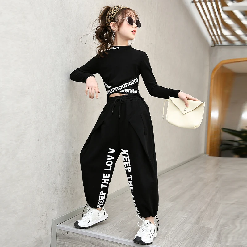 Children's Clothing Girls Jazz Tracksuit Spring Autumn Dance Costumes Kids Hip-Hop O-Neck Letter Long Sleeve Pure Cotton Suits