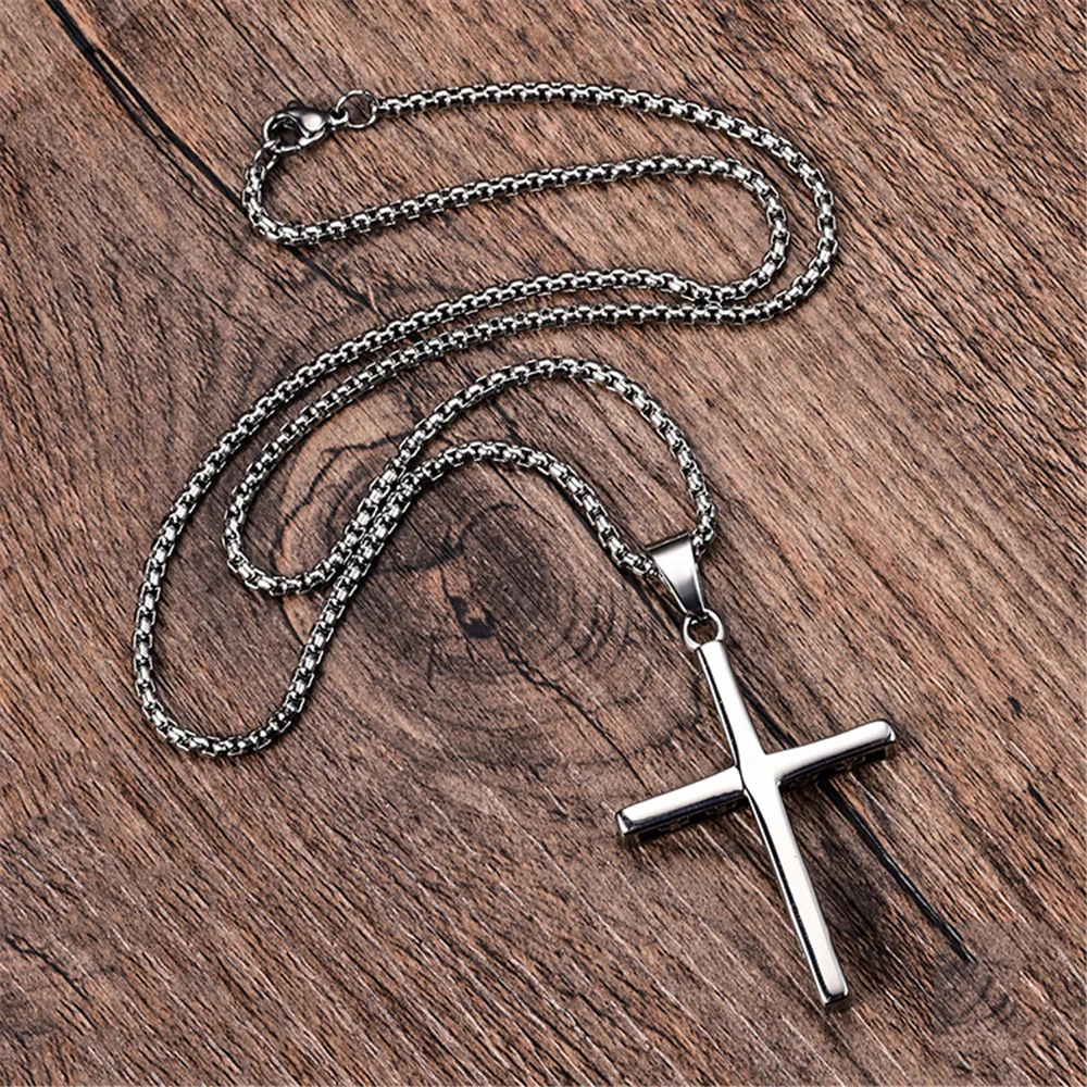 

New Stainless Steel Cross Necklace Pendant For Men Silver Color Link Chain Prayer Necklaces Male Christian Jewelry Gift