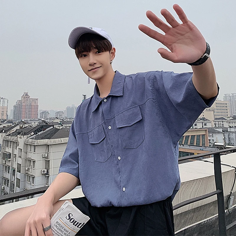 

4 colors Retro Shirt Short Sleeve Summer ins Casual Solid Shirts Short-sleeved Tops Male Clothes Vacation Coat Four Seasons