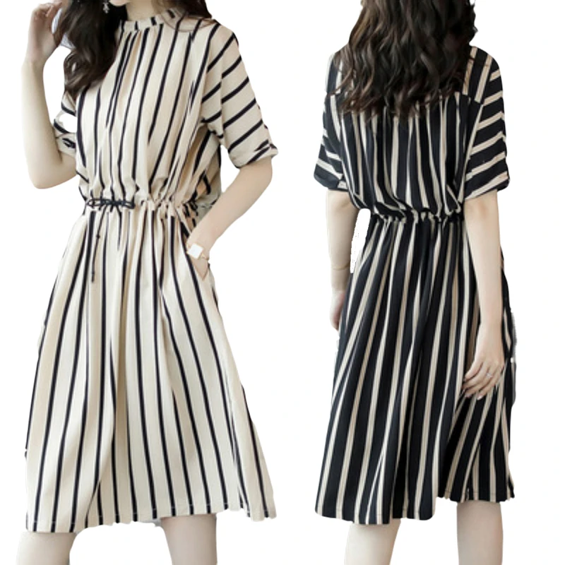 Женское летнее платье средней длины элегантное в Вертикальную Полоску с рукавом