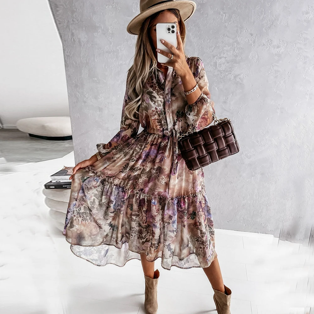 

Floral Maxi Dress Women 2021 Autumn Fashion Long Sleeve Casual Vintage Office Ladies Long Dresses For female