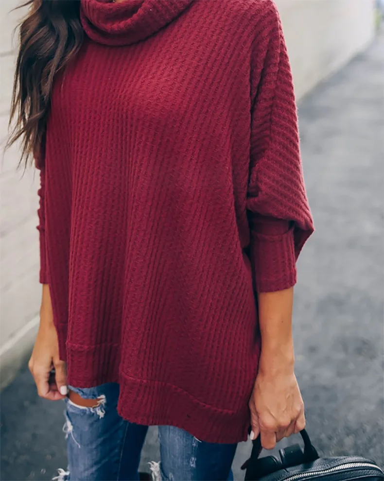 

Spring 2020 Autumn High Collar Women Sweater Loose Bat Batwing Sleeve Solid Color Pullover Sweater Soft Fashion Warm Sweater