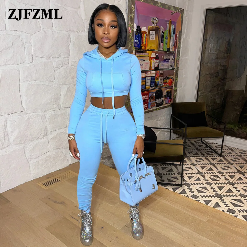 

Casual Style Blue Burgundy Two Piece Tracksuit Women Simple Hooded Long Sleeve Crop Hoody and Drawstring Bodycon Trouser Outfits