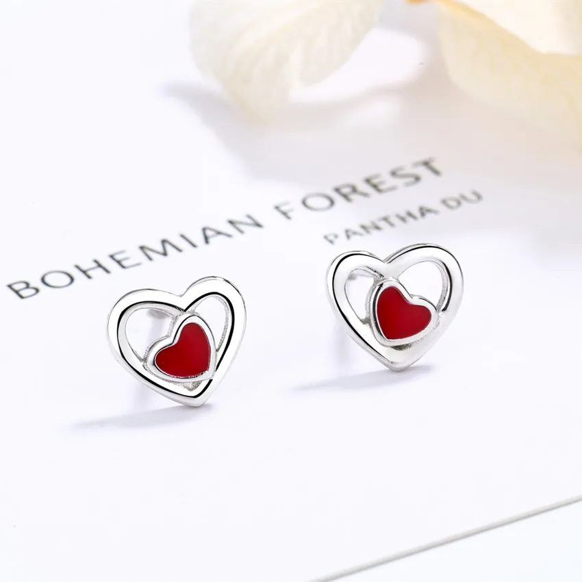 

s925 sterling silver hollow red double love epoxy earrings female sweet and fresh heart-shaped ear jewelry holiday gift