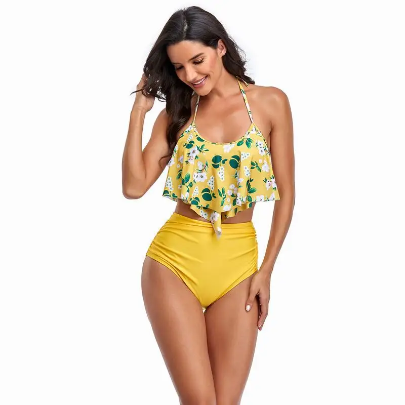

2021 with ruffles Swimwear 2020 Swimming for Women Swimsuit 2 Two Piece Bathing Suit Female Beach Wear High Waist Bikini Print