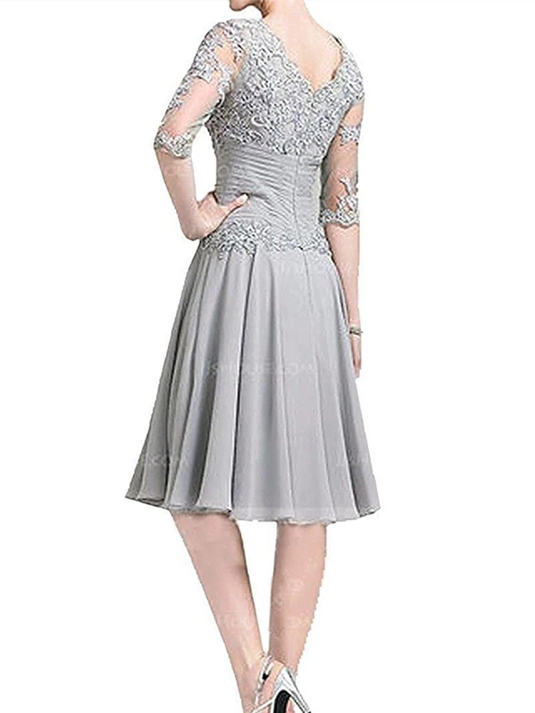 

Knee Length Short Mother of the Bride Dresses for Wedding Party Lace Chiffon Silver Grey Half Sleeve Evening Prom Gowns