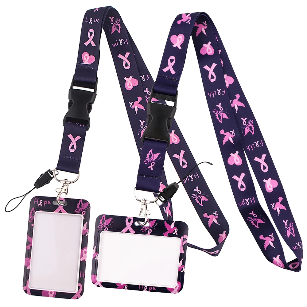 DZ1400 Pink Ribbon Breast Cancer Women Key lanyard Car Keychain Personalise ID Card Pass Gym Mobile Phone Key Ring Badge Holder