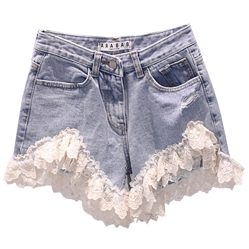 

2020 Summer Korean Version of The New Light-colored Frayed Washed High-waist Shorts Was Thin Stitching Lace Denim Shorts Women