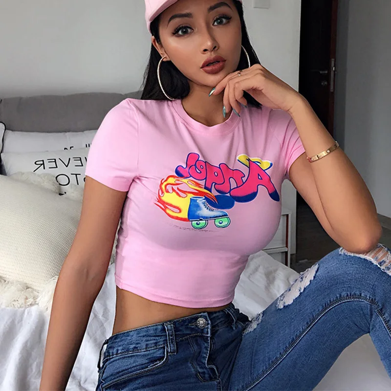 Женский укороченный топ с буквенным принтом ArtSu розовая Повседневная футболка