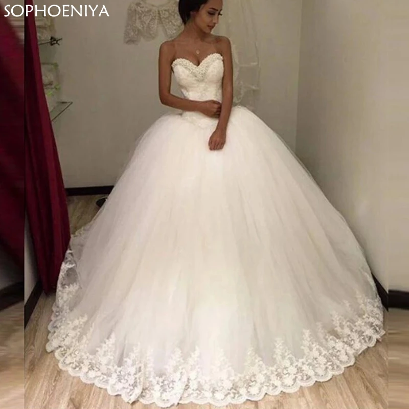 

New Arrival Sweetheart Wedding Dresses Tulle Lace Beaded Bridal Dress Boho Vestido De Noiva Muslim Ball Gown Wedding Gown