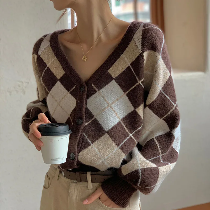 

Hsa Women's Sweater 2021 Autumn And Winter Diamond Plaid Short Retro Style French Loose V-neck Knitted Cardigan Coat Top