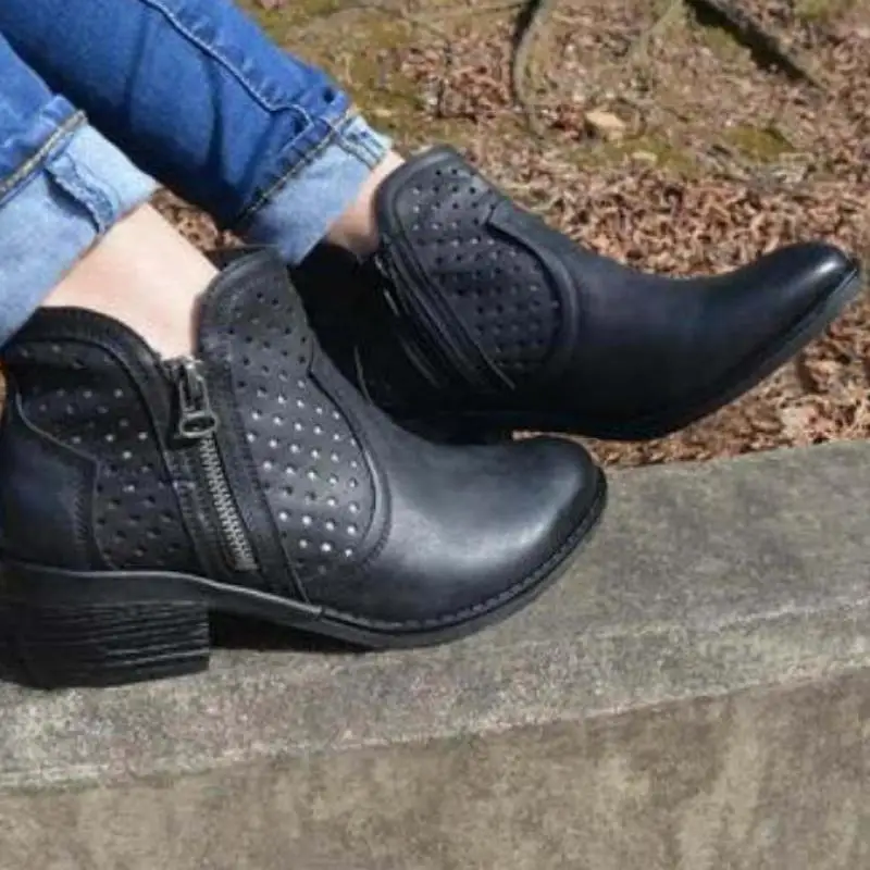 Womens Low Block Heel Western Zipper Ankleautumn Winter Boots   Boots-ladies Booties Shoes Outdoor Shoes Woman