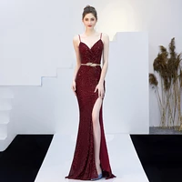 sleeveless sequins evening dress sexy backless party dress spaghetti straps stretchy formal gowns long side fork robe de soriee