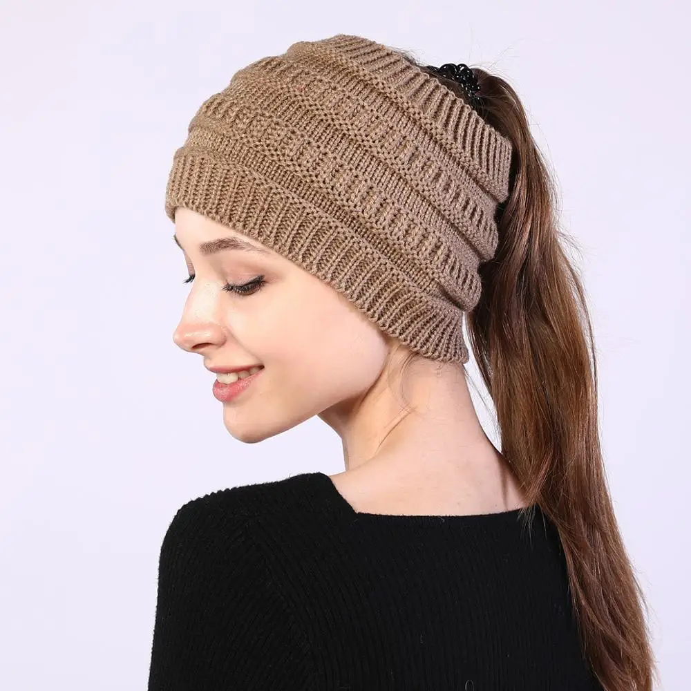 

autumn winter Ponytail Beanie hat Women Stretch Knitted Crochet Beanies cap Winter Hats Cap For Women Warm Lady