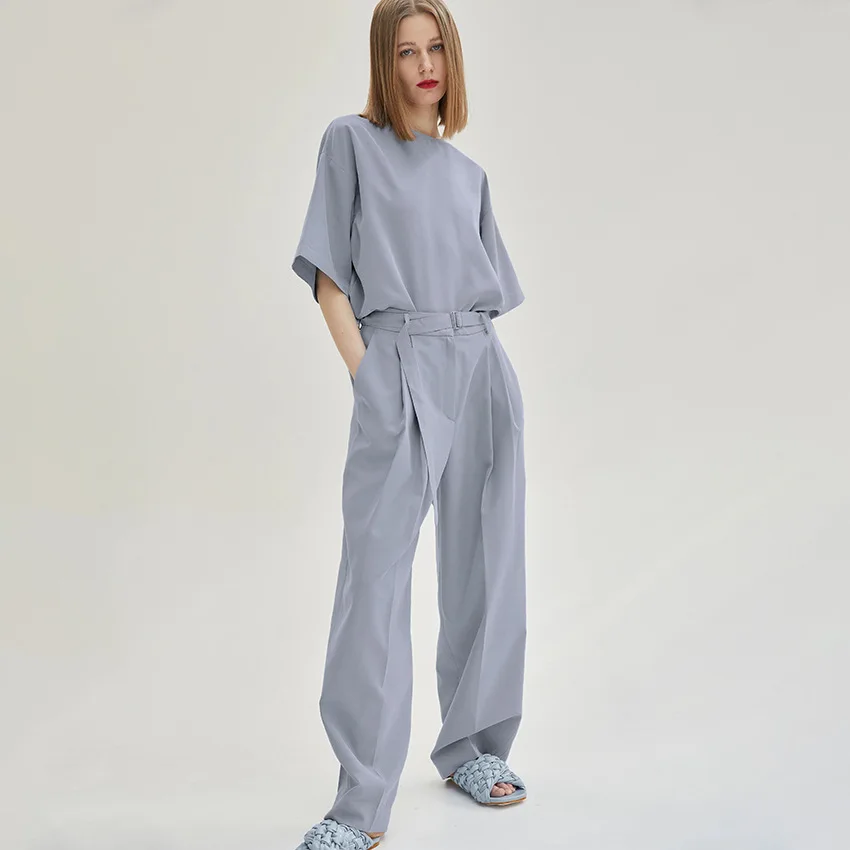 

European Summer New O Neck Long Sleeves Long Buttons Zipper Pleated Wide Leg Pants Women's Suit